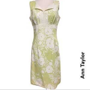 🎆 ANN TAYLOR sleeveless lace trim green and cream floral midi sheath + s…